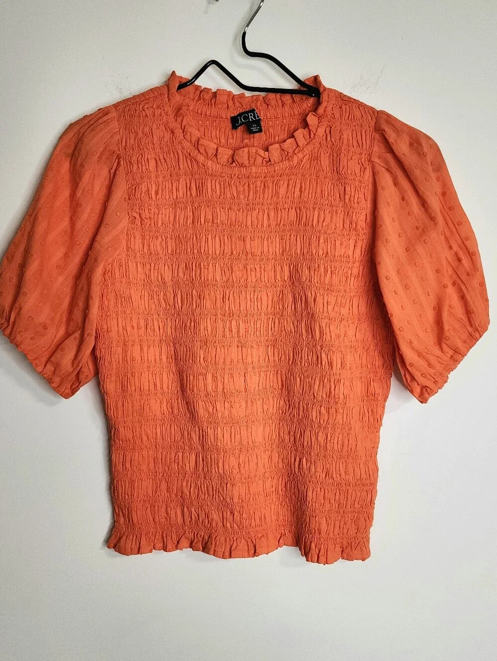 J. Crew Orange Smocked Puff-Sleeve Vibrant Cotton Blouse XS Euro Summer Casual